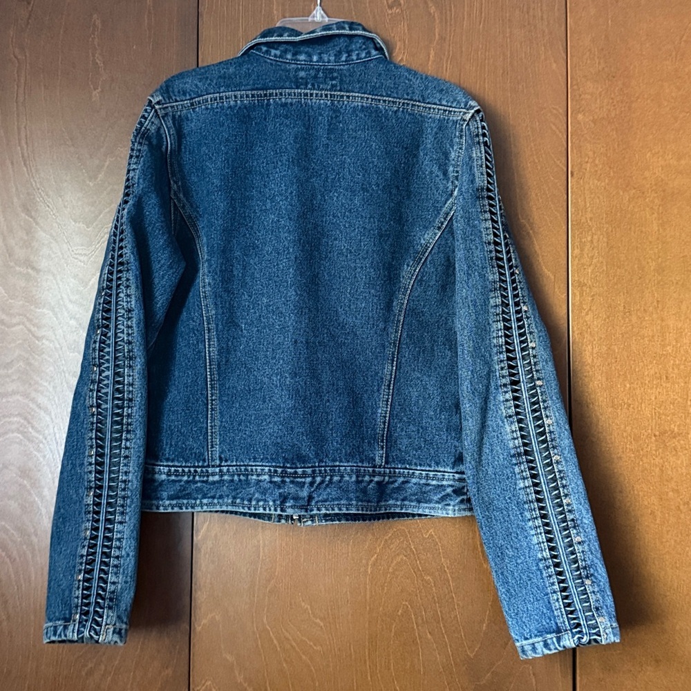 Law Man Vintage Zip Front Lattice Arms Jean Jacket EUC Sz Medium - Picture 2 of 8